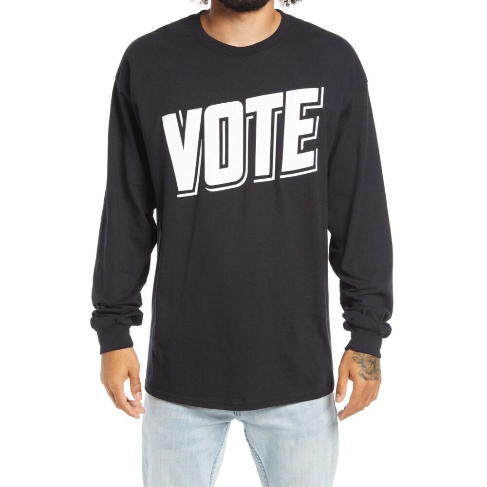 BP Mens Size Large VOTE Long Sleeve Graphic Tee Crew Neck T-Shirt in Black‎ 2365